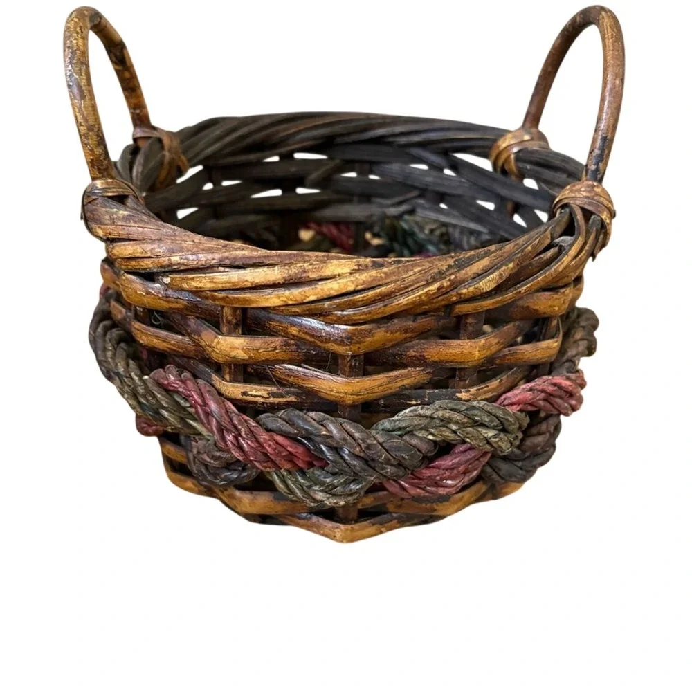 Vintage Round Small Basket Braided‎ Colored Accent Decor Rustic Cottagecore 7